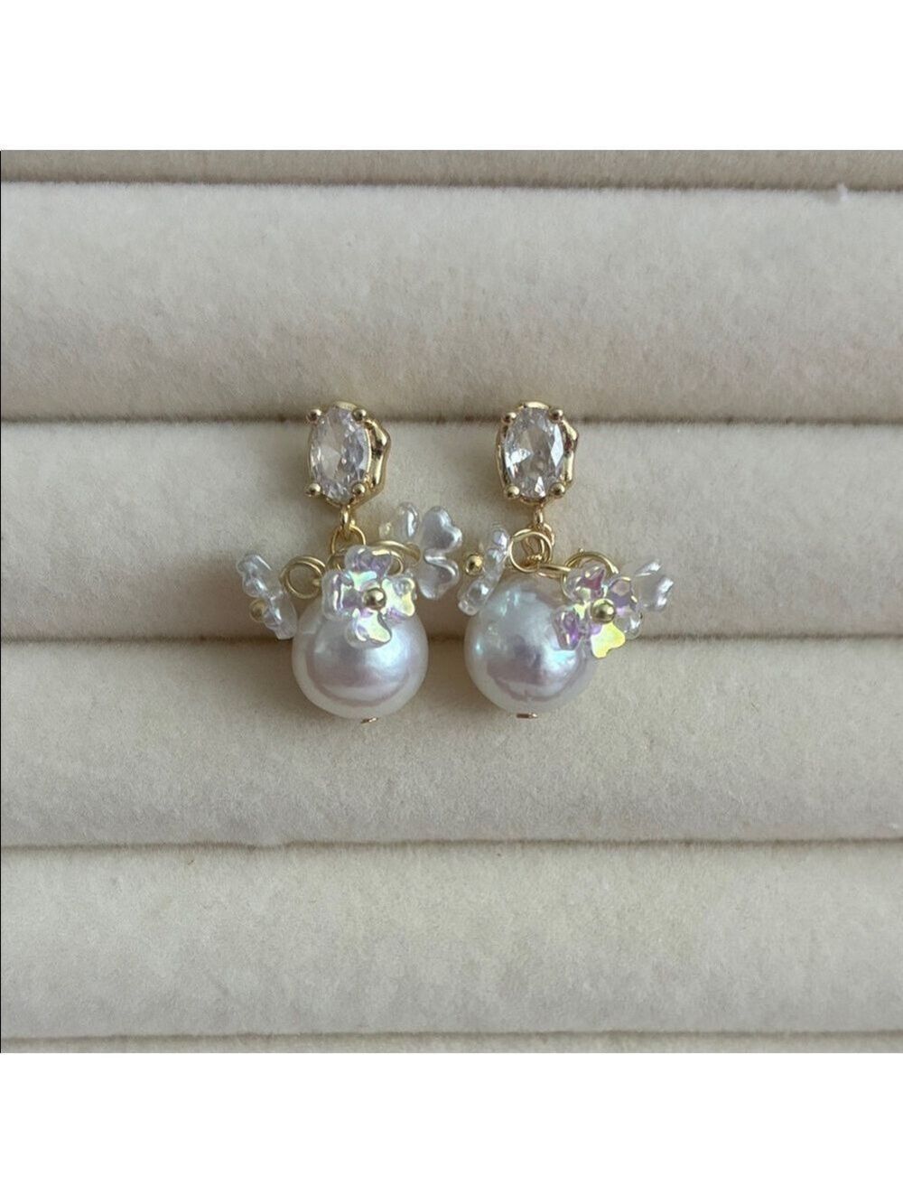 Gold Pearl & Crystal Floral Drop Earrings - White Pearlescent